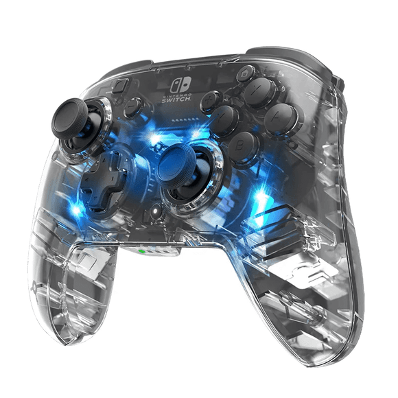 Afterglow Deluxe Wireless Controller for Nintendo Switch viewed front on with lights in blue